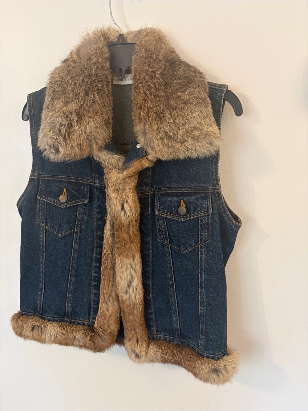 Vintage Denim Rabbit Fur-Trim Vest - Dark Blue with Light Brown Fur